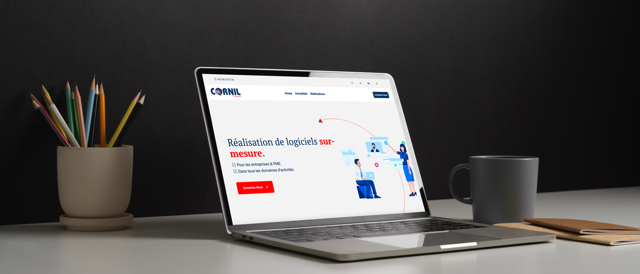 Site de Cornil, éditeur de logiciels sur mesure, affiché sur un ordinateur portable
