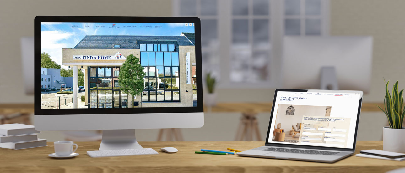 Site de l'agence immobilière Find a Home affiché sur un écran d'ordinateur et un portable